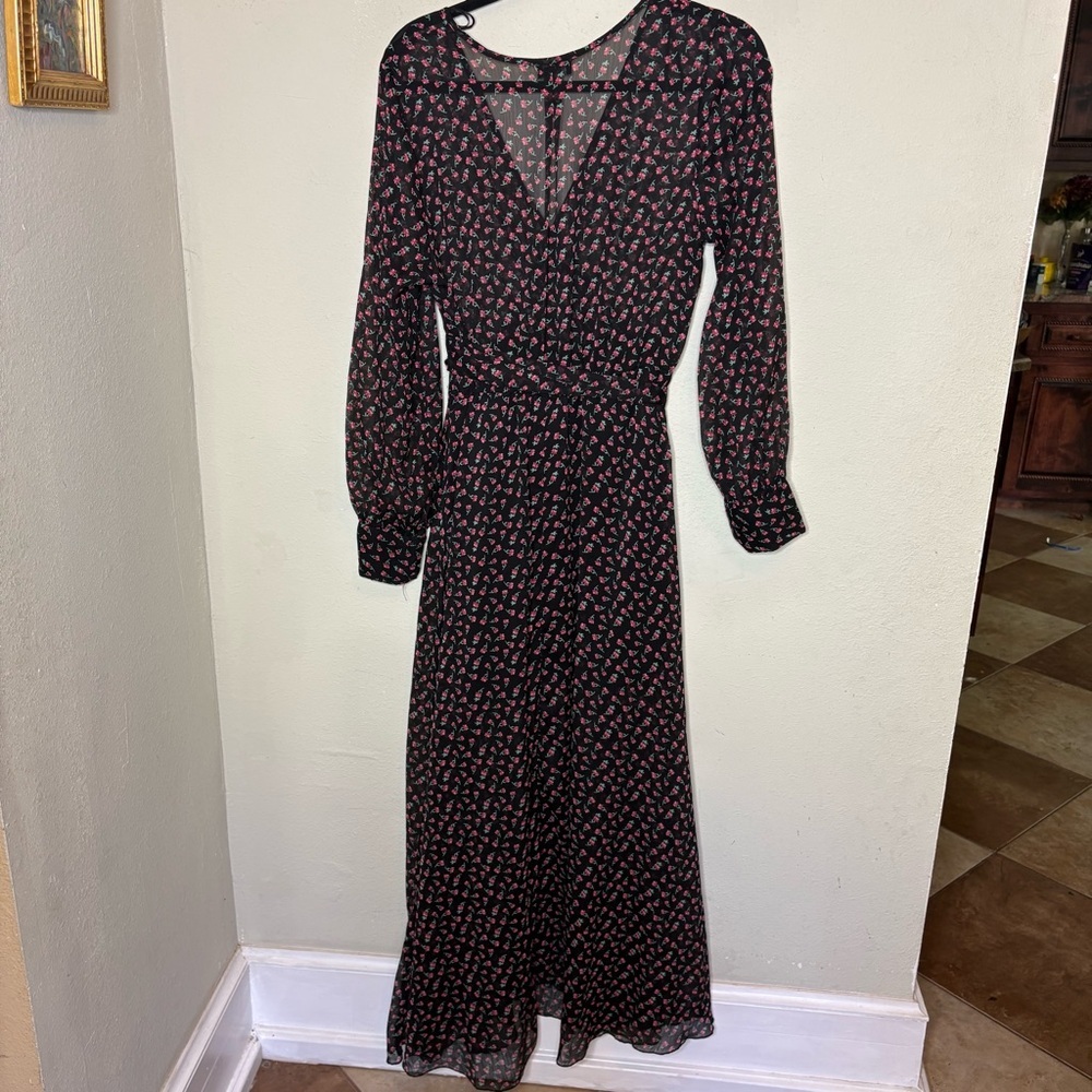 Black Long-Sleeve Floral Wrap Maxi Dress with Pink Print Size Medium - Picture 4 of 5